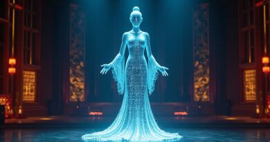 Elegancka chińska scena teatralna, szklana postać aktorki ze świetlnymi obwodami, unoszące się storyboardy, holograficzny sprzęt.