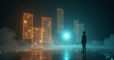Luminous panels and documents with glowing threads, human silhouette and AI orb in dark space.