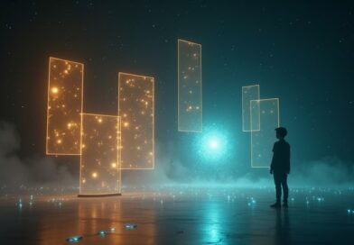 Luminous panels and documents with glowing threads, human silhouette and AI orb in dark space.