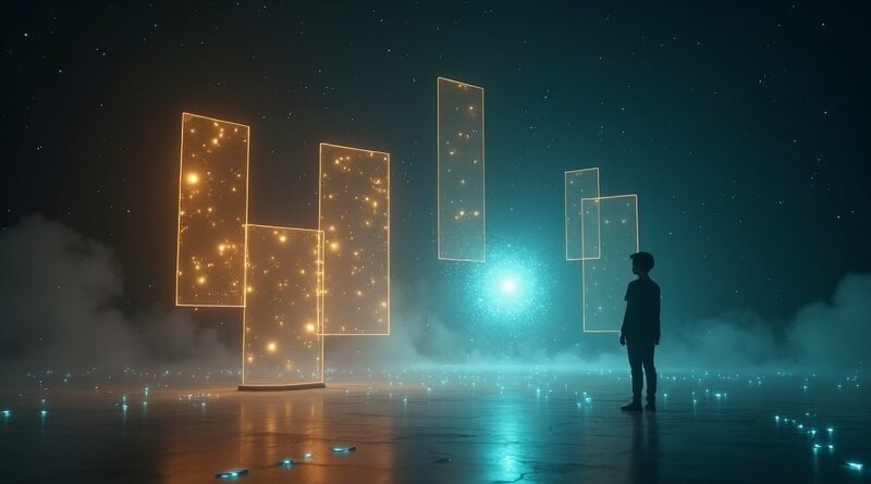 Luminous panels and documents with glowing threads, human silhouette and AI orb in dark space.