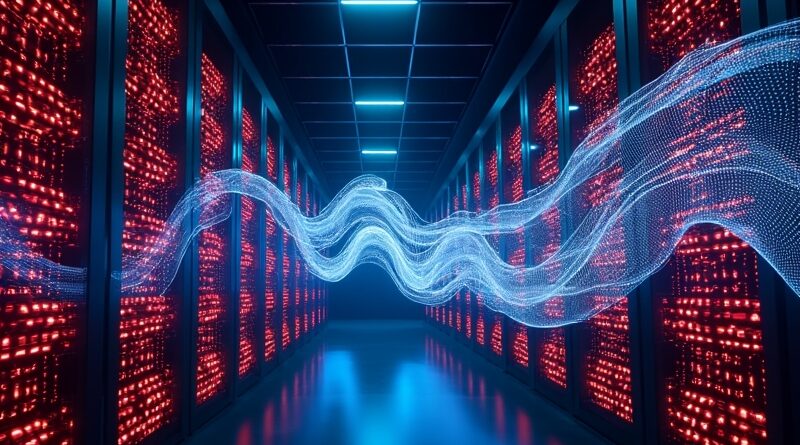 Fala tysięcy procesorów Huawei Ascend w neonowym centrum danych, akcenty smoka.