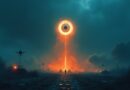 AI eye casts long shadow over drones and missiles, moody blue-orange palette