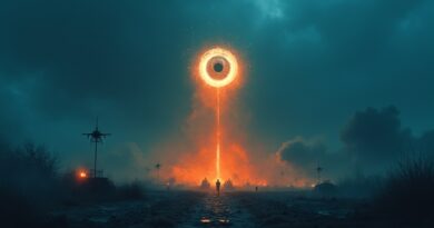 AI eye casts long shadow over drones and missiles, moody blue-orange palette