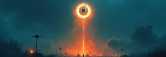 AI eye casts long shadow over drones and missiles, moody blue-orange palette