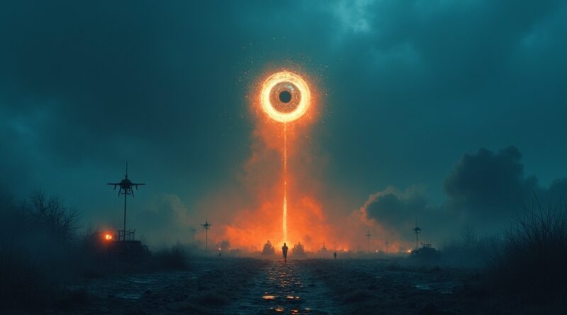 AI eye casts long shadow over drones and missiles, moody blue-orange palette