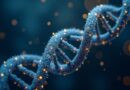 Helisa DNA z kodu binarnego i organicznych nici, złote wzory sieci neuronowej, granat, cyjan, bokeh.