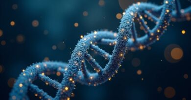 Helisa DNA z kodu binarnego i organicznych nici, złote wzory sieci neuronowej, granat, cyjan, bokeh.