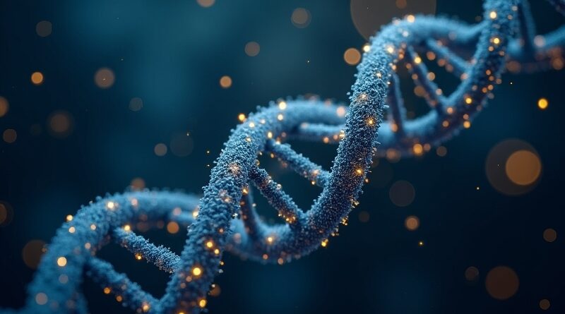 Helisa DNA z kodu binarnego i organicznych nici, złote wzory sieci neuronowej, granat, cyjan, bokeh.
