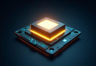 Abstrakcyjny render 3D: złoty, kompaktowy węzeł kodu na tle głębokiego błękitu i cyanu. Kosztowna efektywność AI.
