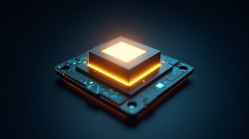 Abstrakcyjny render 3D: złoty, kompaktowy węzeł kodu na tle głębokiego błękitu i cyanu. Kosztowna efektywność AI.