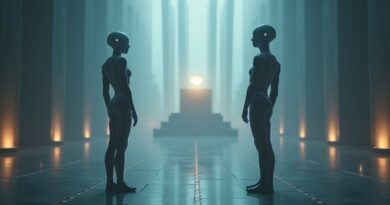 Cyfrowa sala sądowa, przezroczyste androidy, jeden oświetla kopertę, błękit i bursztyn, futurystyczna atmosfera.