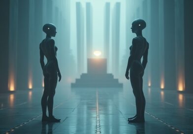 Cyfrowa sala sądowa, przezroczyste androidy, jeden oświetla kopertę, błękit i bursztyn, futurystyczna atmosfera.