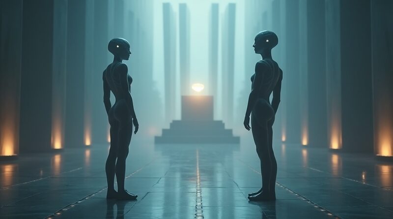 Cyfrowa sala sądowa, przezroczyste androidy, jeden oświetla kopertę, błękit i bursztyn, futurystyczna atmosfera.