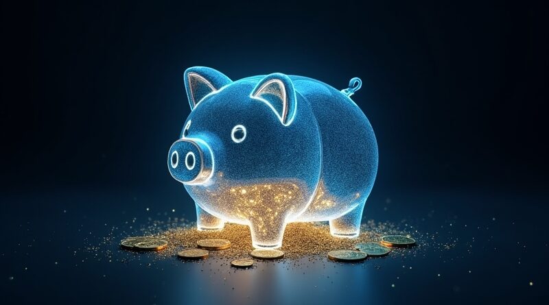 Przezroczysta porcelanowa skarbonka pęka, wylewając neonowe błękitne i złote strumienie danych.