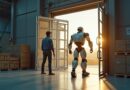 Humanoid robot Digit opuszcza metalową klatkę, obok spokojny człowiek w nowoczesnym magazynie.