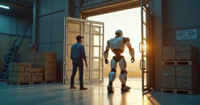 Humanoid robot Digit opuszcza metalową klatkę, obok spokojny człowiek w nowoczesnym magazynie.