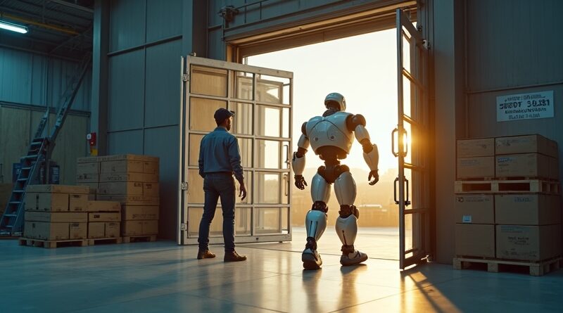 Humanoid robot Digit opuszcza metalową klatkę, obok spokojny człowiek w nowoczesnym magazynie.