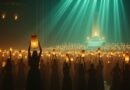 Tłumy identycznych postaci z lampionami wypełniają audytorium, kilka złotych kul oświetla tron.