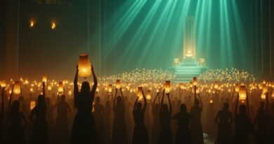 Tłumy identycznych postaci z lampionami wypełniają audytorium, kilka złotych kul oświetla tron.