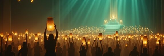Tłumy identycznych postaci z lampionami wypełniają audytorium, kilka złotych kul oświetla tron.