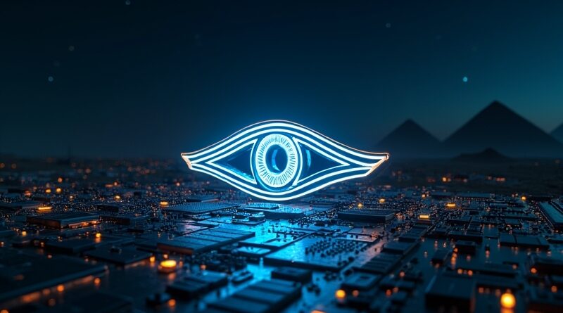 Błękitno-złote cybernetyczne Oko Horusa na pustyni z piramidami w nocy.