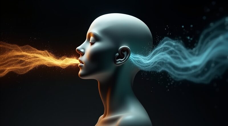 Abstract throat sculpture with soundwaves splitting into gold and cyan streams, dark elegant futuristic backdrop.