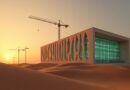 Nowoczesne centrum danych wśród pustynnych wydm, z geometryczną fasadą, podświetleniem i żurawiami o zachodzie słońca.