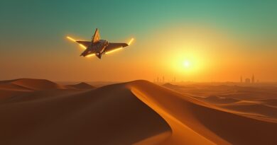 Geometric AI agent birds soar over Dubai dunes at dusk, minimal.