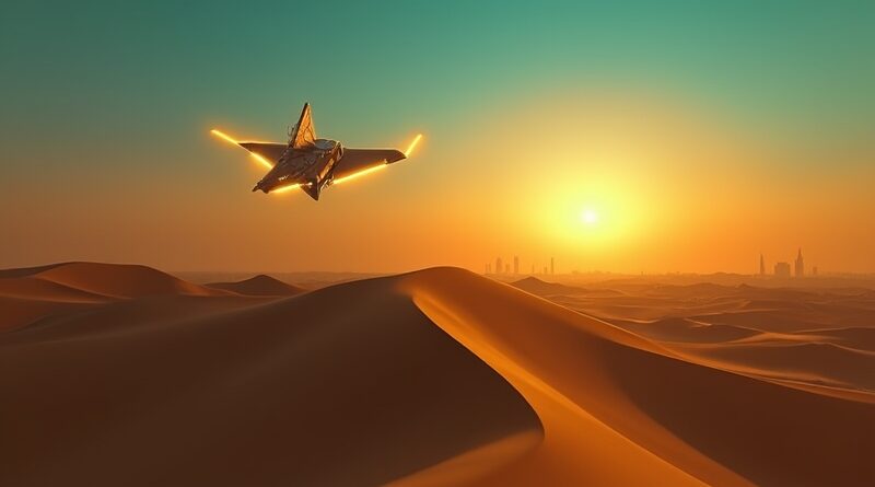Geometric AI agent birds soar over Dubai dunes at dusk, minimal.