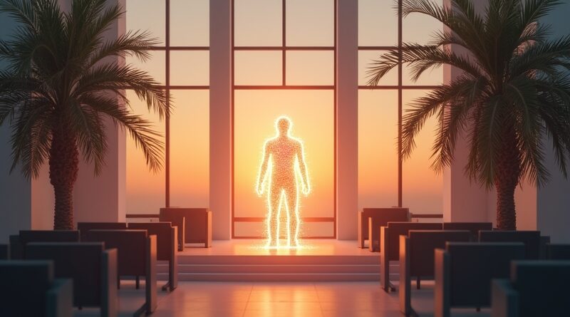 Surrealna sala sądowa o zmierzchu, postać AI rozpływająca się w dane, młotek sędziego i palmy.