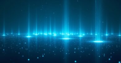 Surreal data lake z połączonymi agentami AI, indygo i cyjan, minimalistyczny futuryzm.