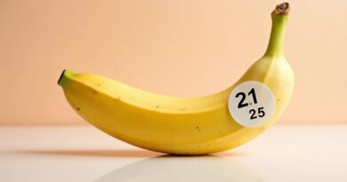 Dojrzały banan na błyszczącej tafli z przezroczystą naklejką 2.1 na 2.5, pastelowe tło.