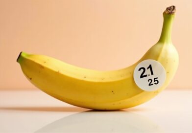 Dojrzały banan na błyszczącej tafli z przezroczystą naklejką 2.1 na 2.5, pastelowe tło.