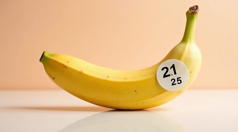 Dojrzały banan na błyszczącej tafli z przezroczystą naklejką 2.1 na 2.5, pastelowe tło.