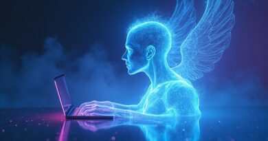 Cyfrowa wizja przezroczystego agenta Gemini z neonowym błękitem i fioletem.