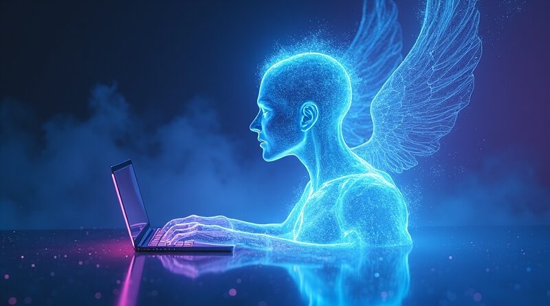 Cyfrowa wizja przezroczystego agenta Gemini z neonowym błękitem i fioletem.