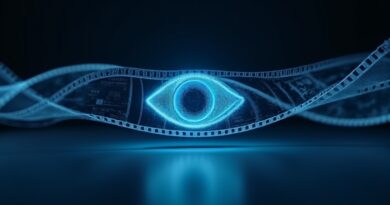 Cyfrowe oko z przezroczystych klatek naświetla srebrną taśmę filmową w błękitnej głębi.