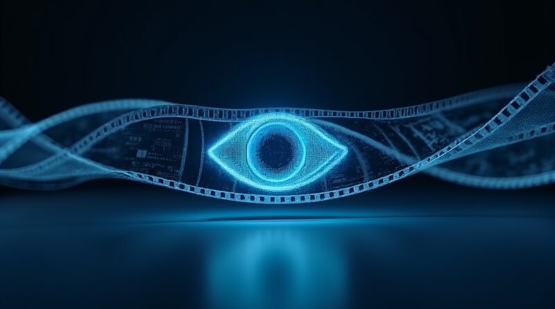 Cyfrowe oko z przezroczystych klatek naświetla srebrną taśmę filmową w błękitnej głębi.