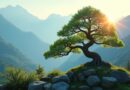 Ręce ogrodnika formujące bonsai na tle gór, poranne światło, spokojna skupiona atmosfera.