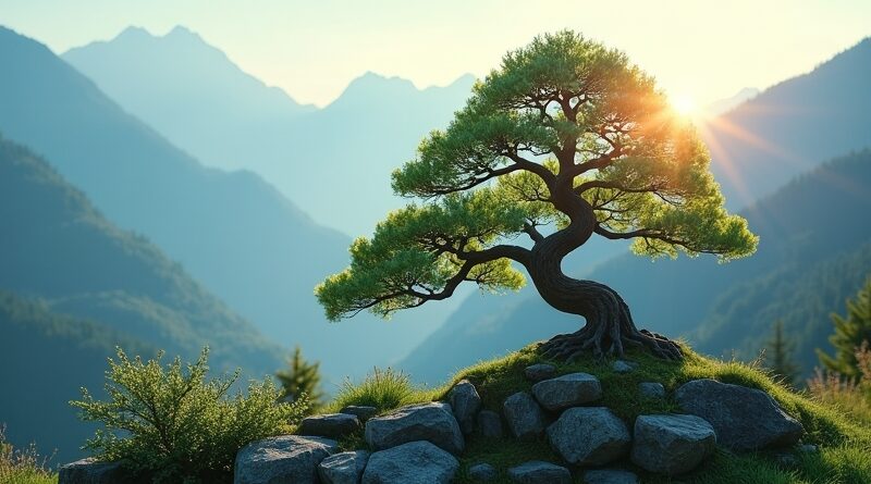 Ręce ogrodnika formujące bonsai na tle gór, poranne światło, spokojna skupiona atmosfera.