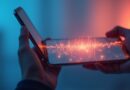Smartfon w dłoni z ekranem rozmowy AI i falami głosu, bokeh w błękicie i koralowym.