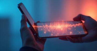 Smartfon w dłoni z ekranem rozmowy AI i falami głosu, bokeh w błękicie i koralowym.