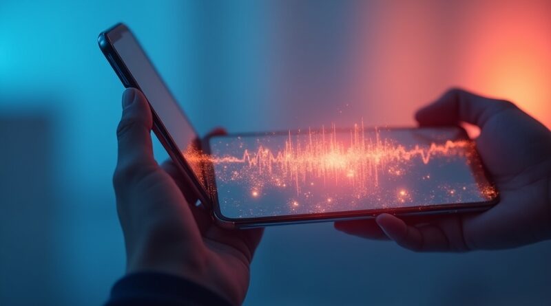Smartfon w dłoni z ekranem rozmowy AI i falami głosu, bokeh w błękicie i koralowym.