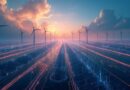 Sieć energetyczna łącząca turbiny wiatrowe i panele słoneczne z cyfrowymi strumieniami danych w futurystycznym krajobrazie.