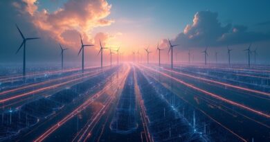 Sieć energetyczna łącząca turbiny wiatrowe i panele słoneczne z cyfrowymi strumieniami danych w futurystycznym krajobrazie.