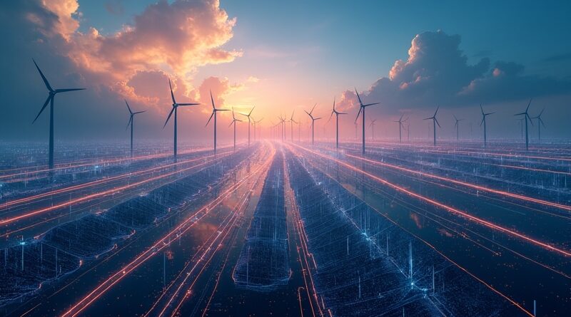 Sieć energetyczna łącząca turbiny wiatrowe i panele słoneczne z cyfrowymi strumieniami danych w futurystycznym krajobrazie.