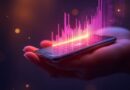Smartfon w dłoni, neonowe fale dźwiękowe przekształcają się w studio muzyczne. Fiolet i złoto.