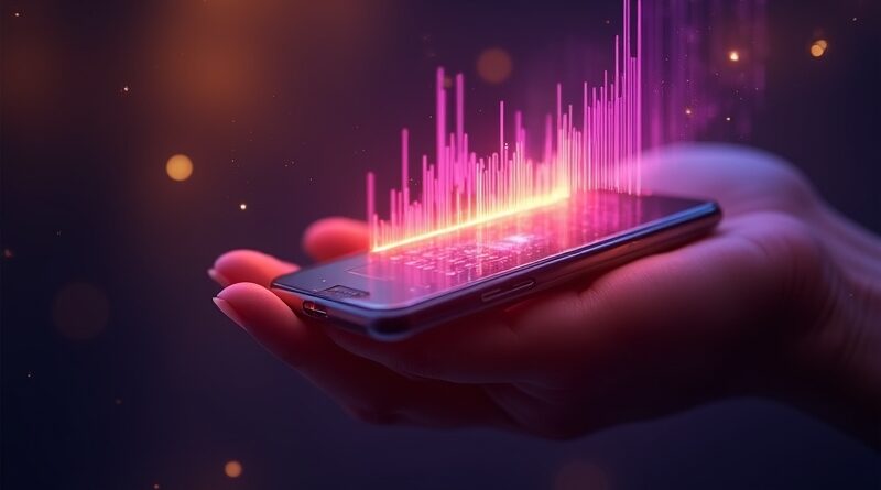 Smartfon w dłoni, neonowe fale dźwiękowe przekształcają się w studio muzyczne. Fiolet i złoto.