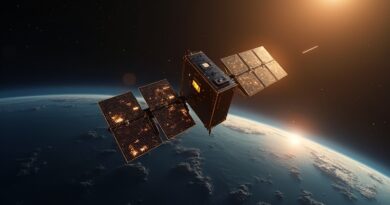 Satelita Suncatcher z obwodami AI na panelach słonecznych nad Ziemią.