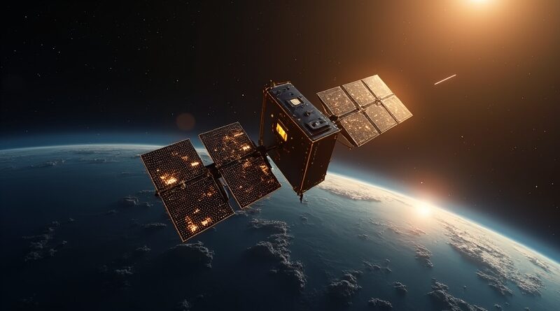 Satelita Suncatcher z obwodami AI na panelach słonecznych nad Ziemią.